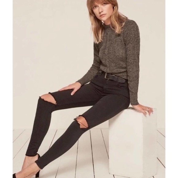 Reformation Denim - Reformation Mid Rise Skinny Jean Distressed Knee Charcoal Gray Womens Size 26